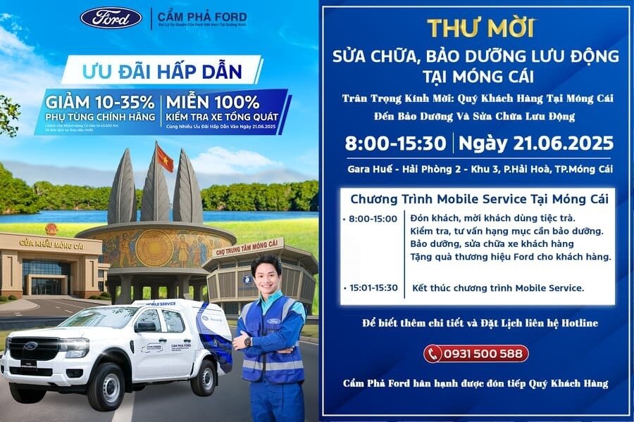 Bảo Dưỡng Lưu Động Xe Ford Tại Móng Cái Ngày 21/06 – Chính Hãng Tận Nơi, Ưu Đãi Lên Đến 35%