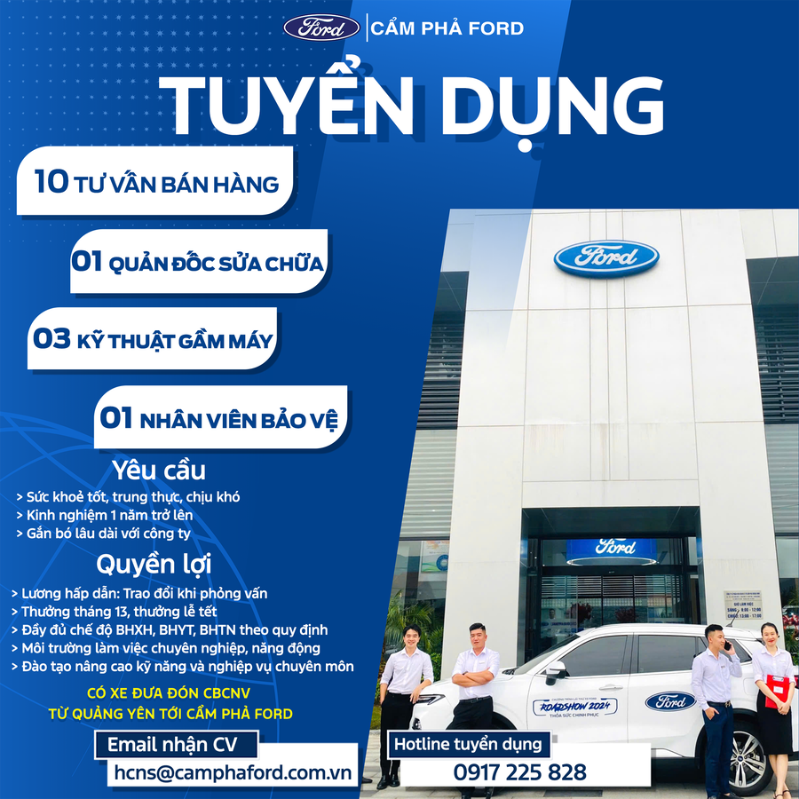 Cẩm Phả Ford Tuyển Dụng Gấp: Tư Vấn Bán Hàng, Kỹ Thuật Viên, Quản Đốc Xưởng Tại Quảng Ninh